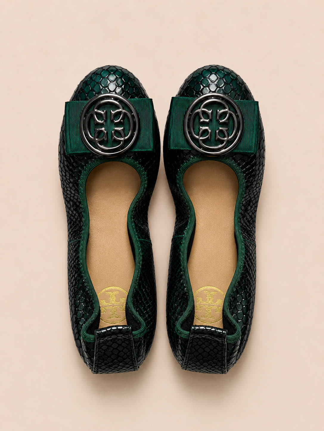 Emerald Snake-Embossed Bow Ballet Flats