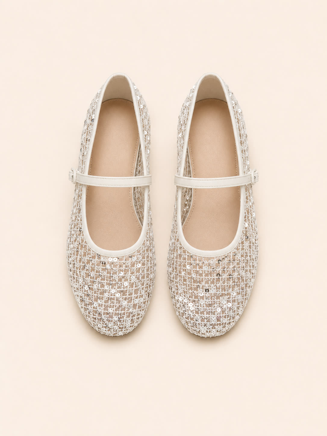 Ivory Sequin Mesh Mary Jane Flats