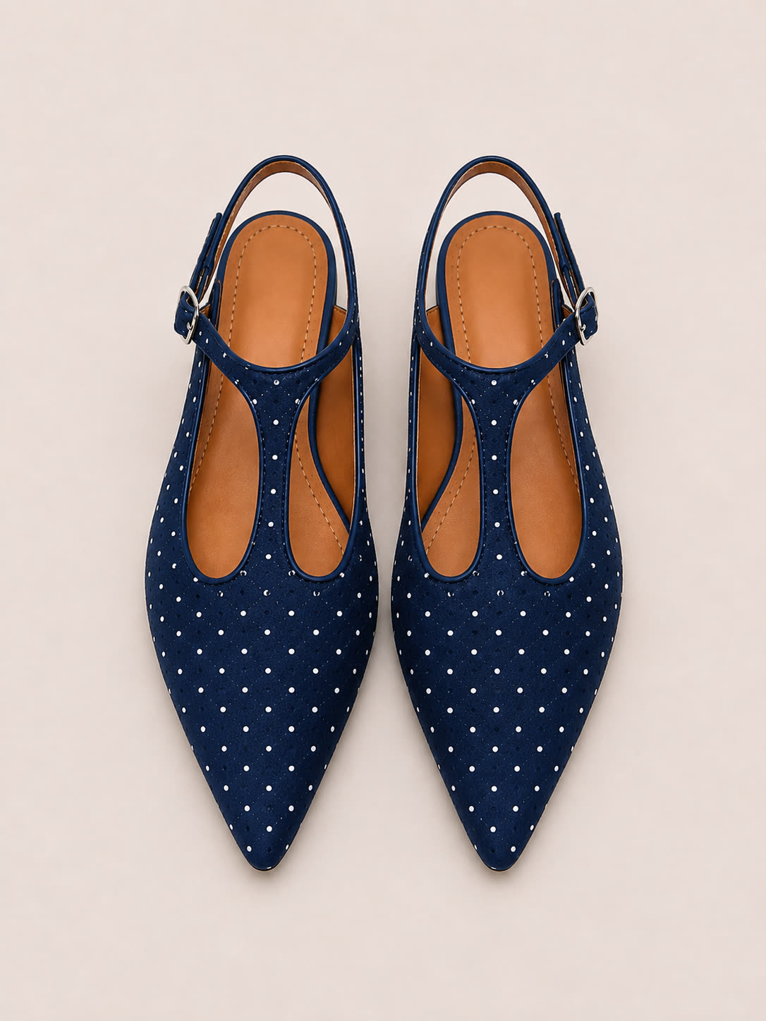 Navy Polka Dot T-Strap Flats